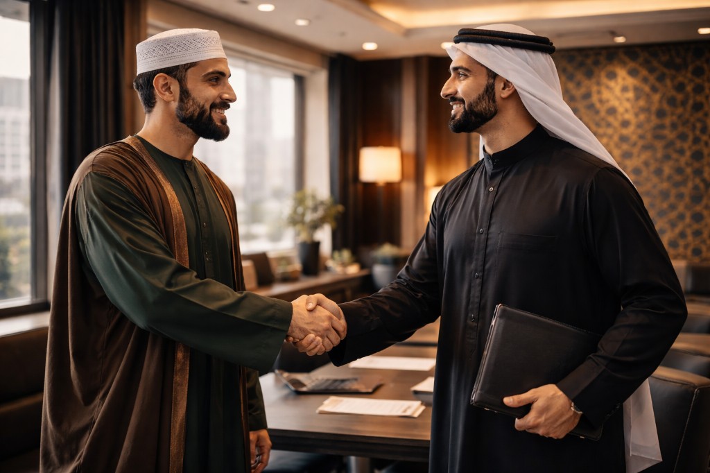 Muslim professionals mentoring and collaborating in a business setting